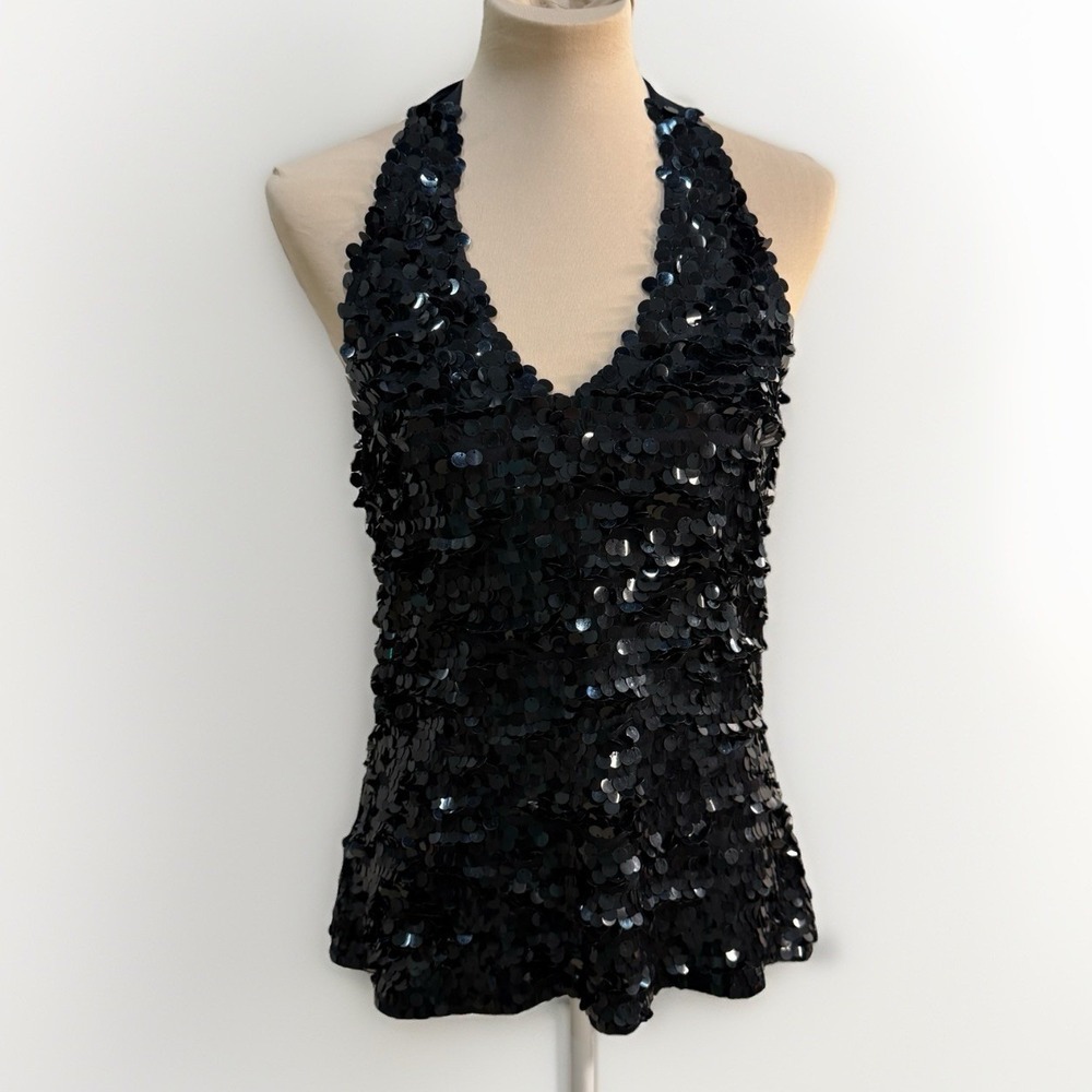 White House Black Market Black Sequin Halter Top L Open Back Holiday Glam